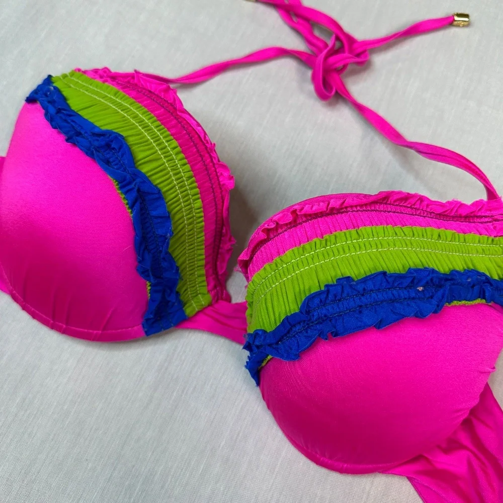 Beach Bunny Dream of Eve Pink Blue Green Ruffle Bikini - Picture 3 of 10